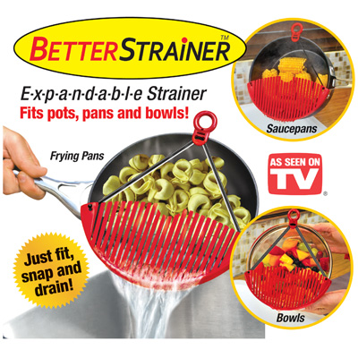  آبکش بتر استرینر Better strainer محصولی جدید و یک ایده جالب است که می تواند در آشپزخانه کاربرد خوبی  داشته و  قابلیت تغییر سایز و نصب راحت و آسان را بر روی ظروف دارد و مناسب برای انواع ماکارونی و اسپاگتی و میوه و ...  می باشد 